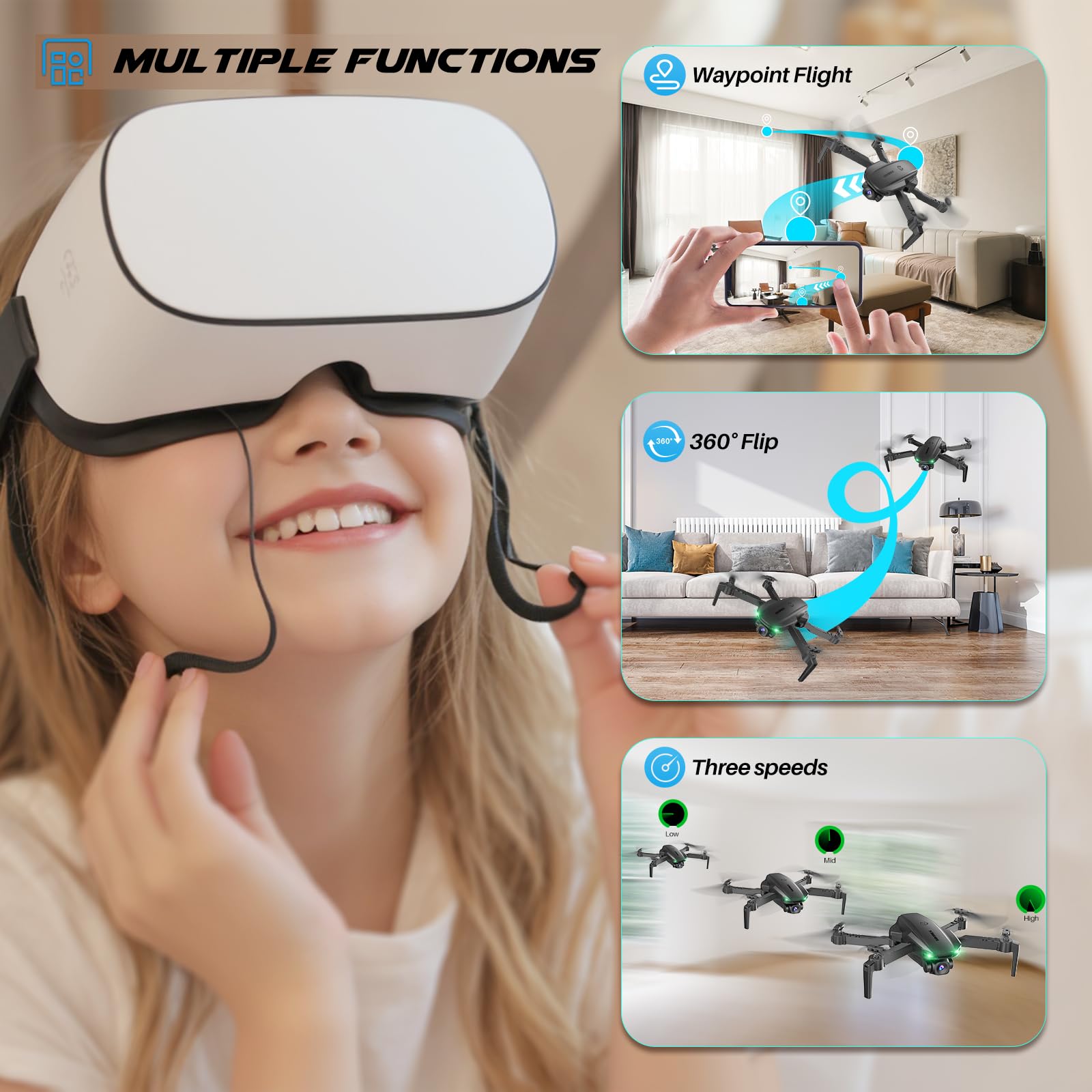Drone With Camera 1080P for Kids And Adults, RC Quadcopter with Altitude Hold, Mini Drone With One Key Start, Waypoint Fly, Headless Mode, 3D Flip, 3 Speeds, Remote Control Drone for Beginners
