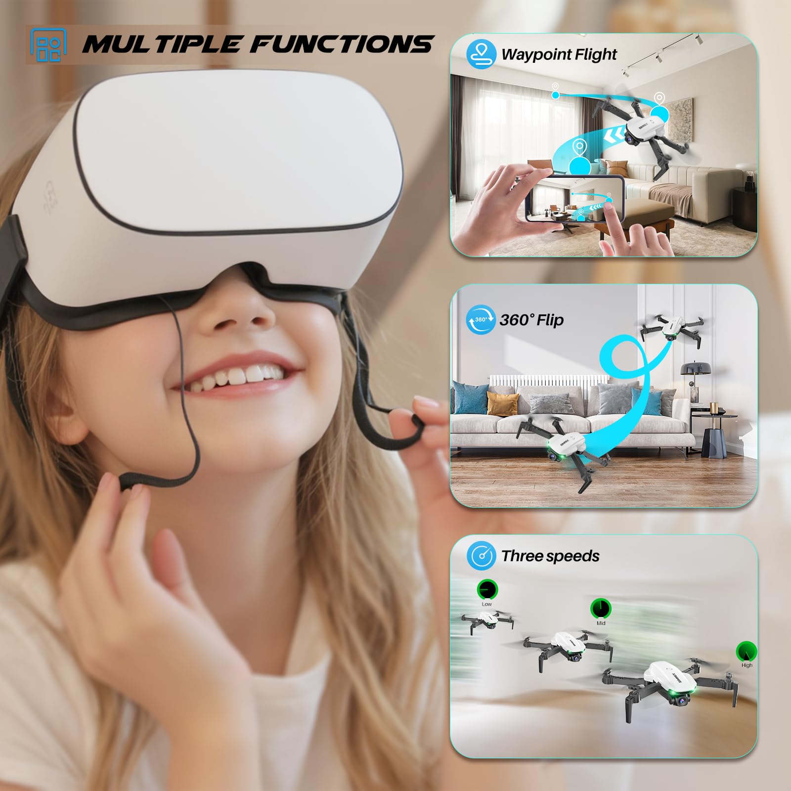 Drone With Camera 1080P for Kids And Adults, RC Quadcopter with Altitude Hold, Mini Drone With One Key Start, Waypoint Fly, Headless Mode, 3D Flip, 3 Speeds, Remote Control Drone for Beginners